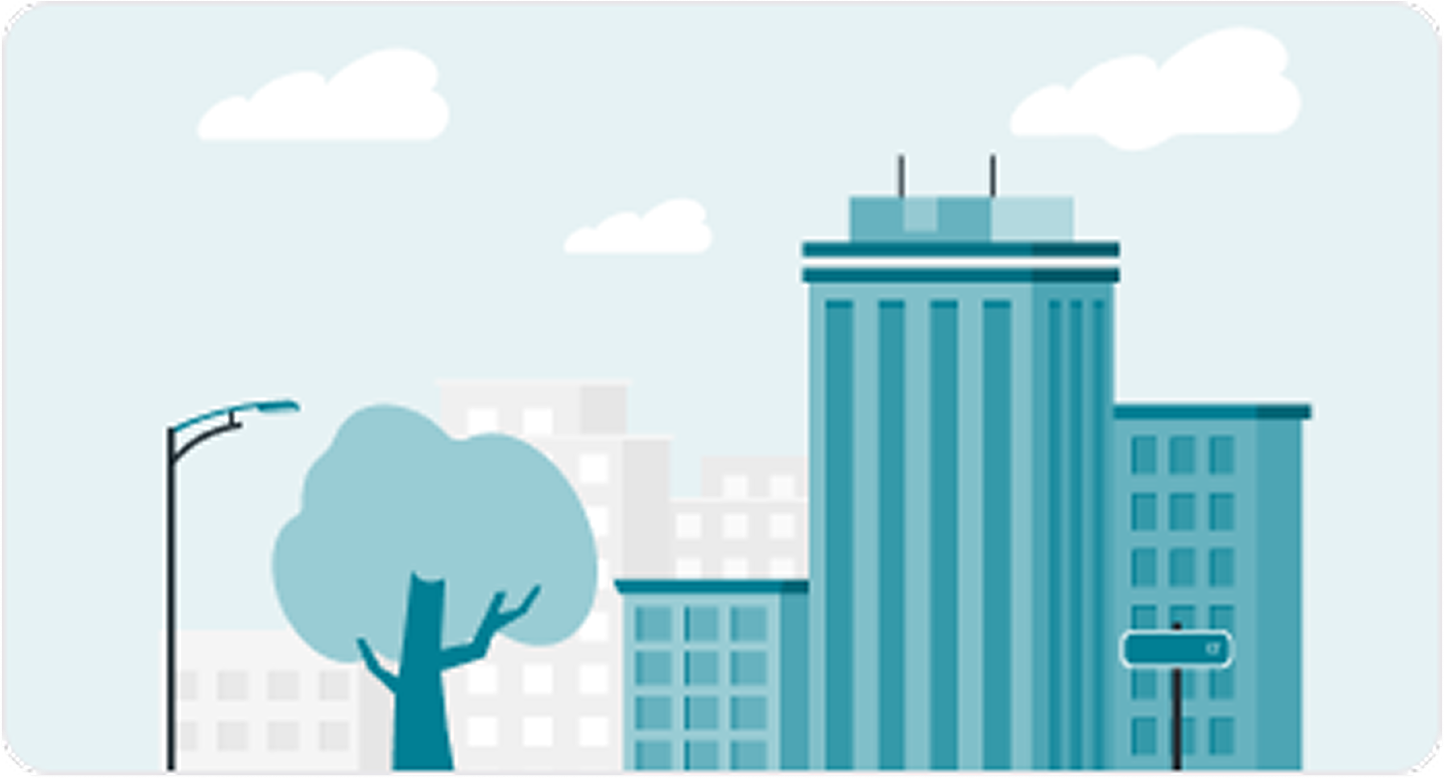 Illustration of a city skyline of offices and flats