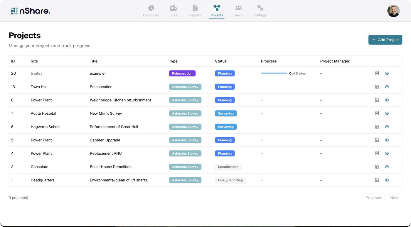 nShare Dutyholder projects list showing site, title, type, status and progress for each project