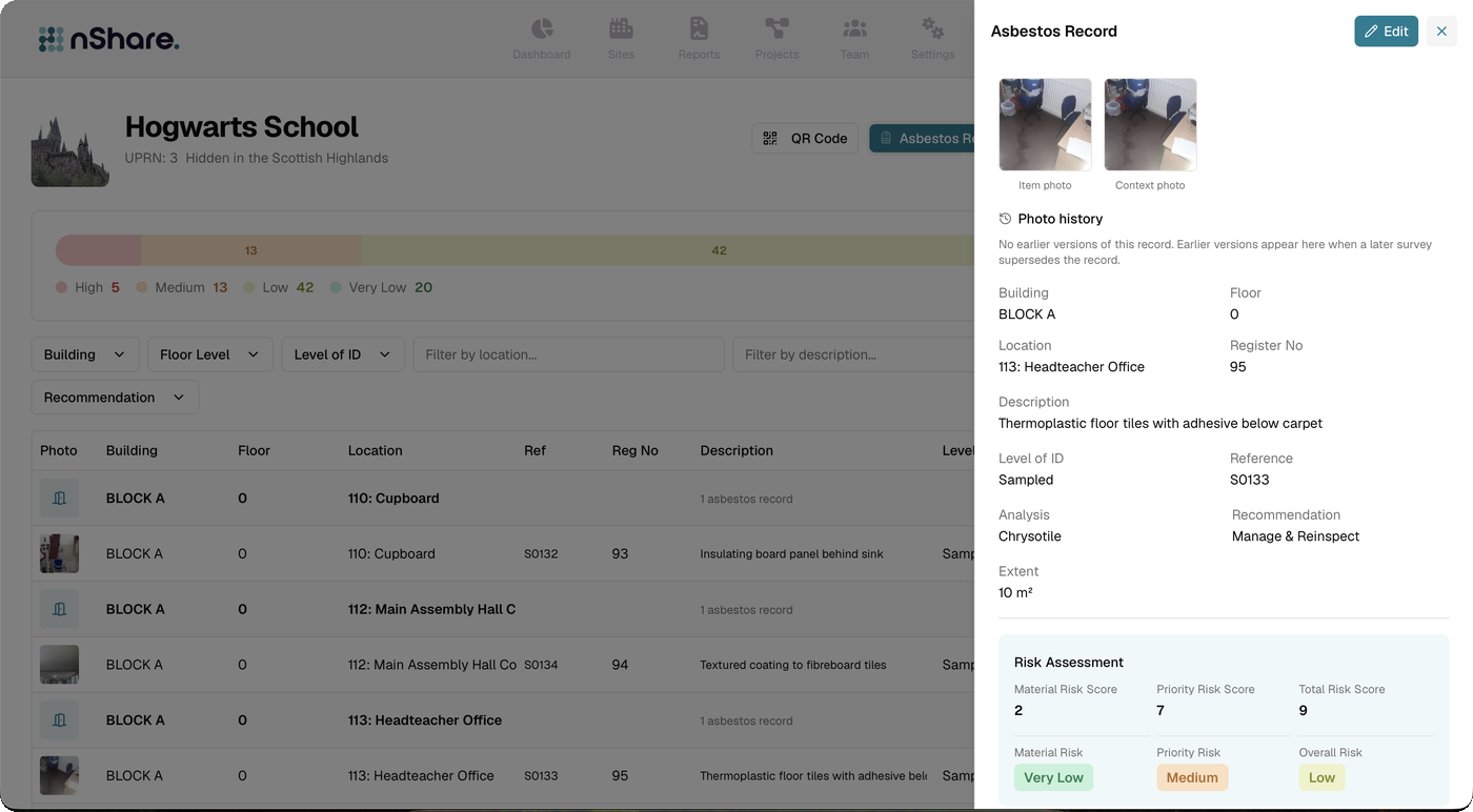 nShare Dutyholder site register with an open asbestos record showing photos, analysis, recommendation and risk scores