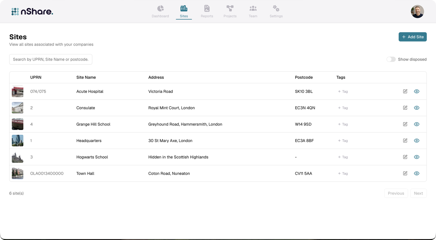 nShare Dutyholder sites list in the web app