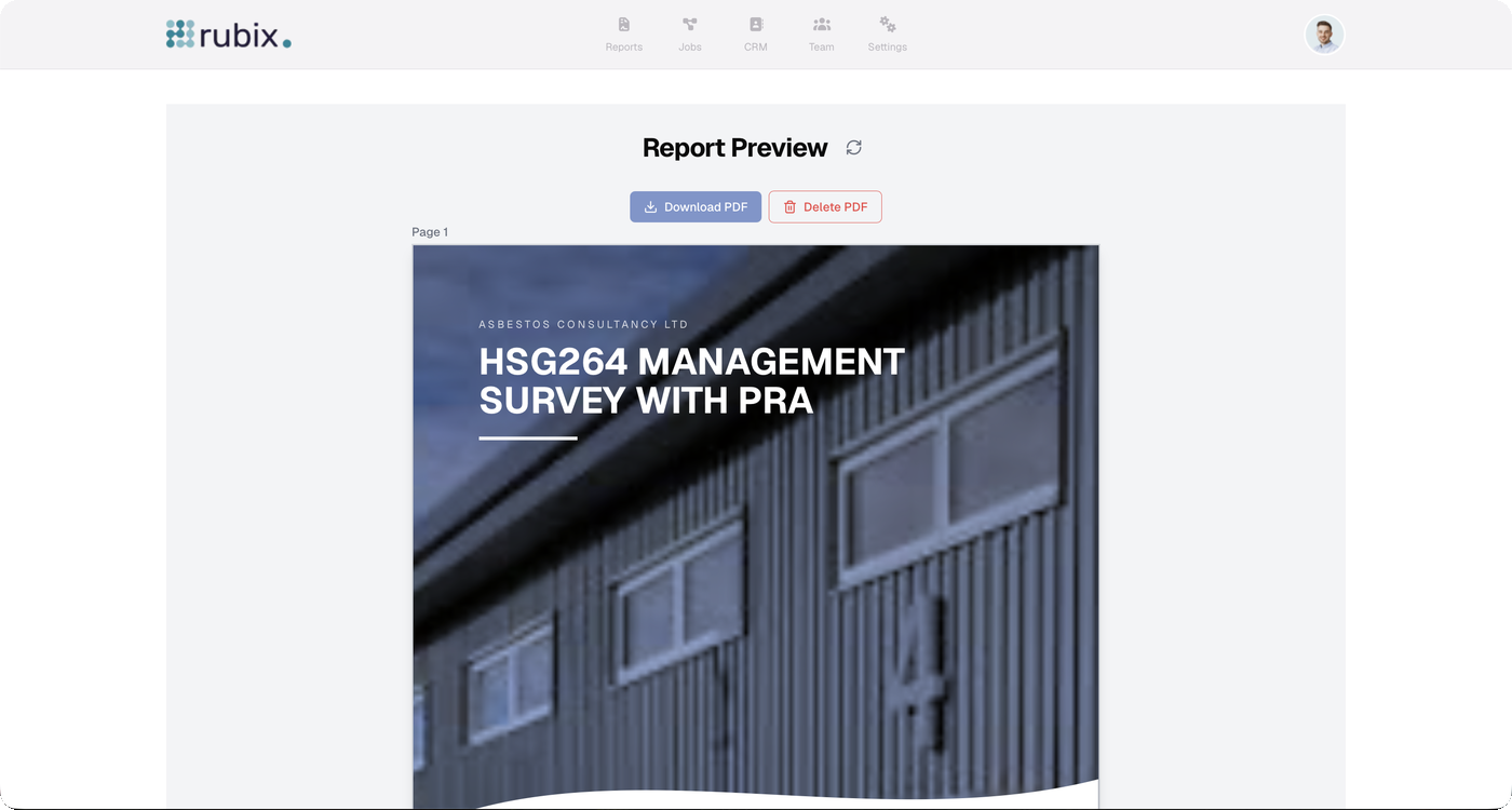 RubixMobile web portal showing a live PDF preview of an HSG264 management survey report